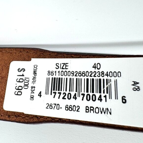 Mens Izod Brown Genuine Leather Belt Silver Buckle Embossed Details Size 40 - Picture 4 of 9
